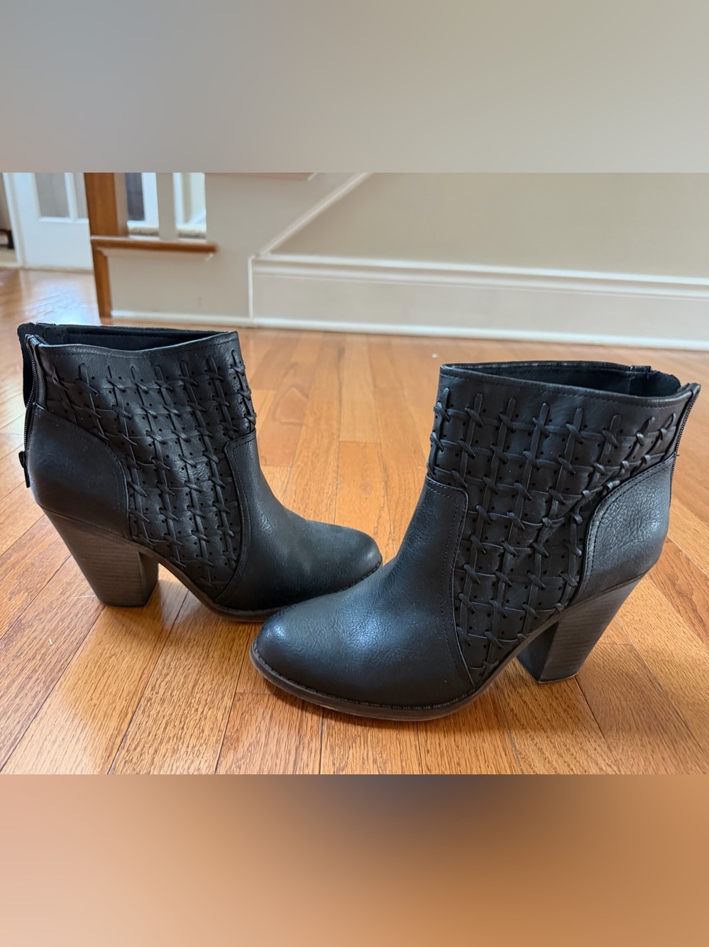 Fergalicious Black Woven-Panel Ankle Booties with Block Heel